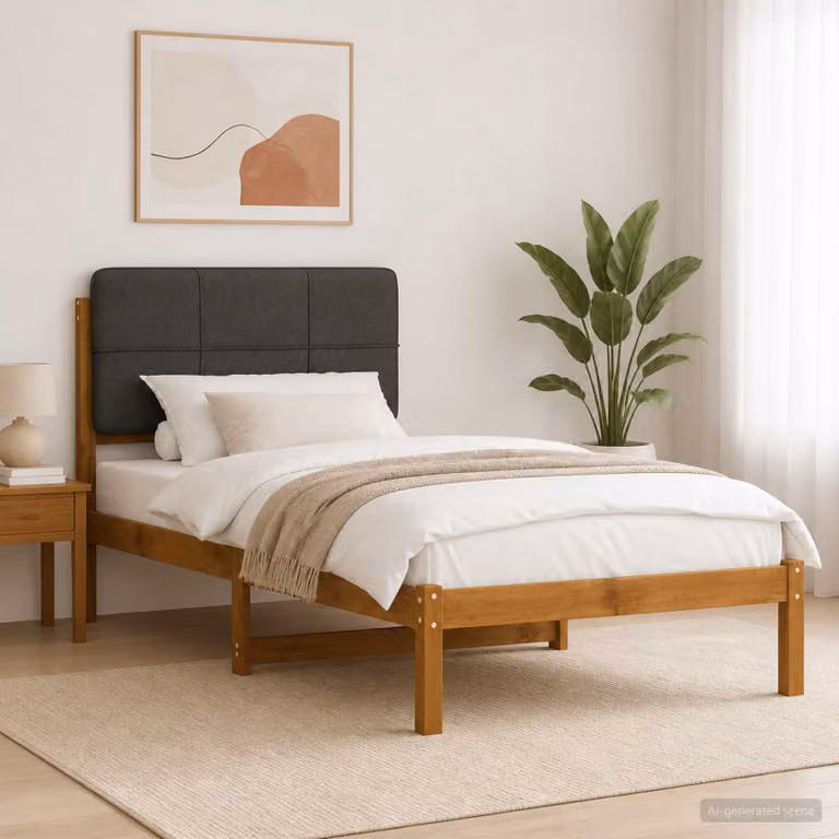 vidaXL Letto Moderno con Testiera Rivestita in Tessuto e Struttura in Legno di Acacia, Colore Naturale e Grigio Scuro, L/P/H: 140 x 70 x 196 cm