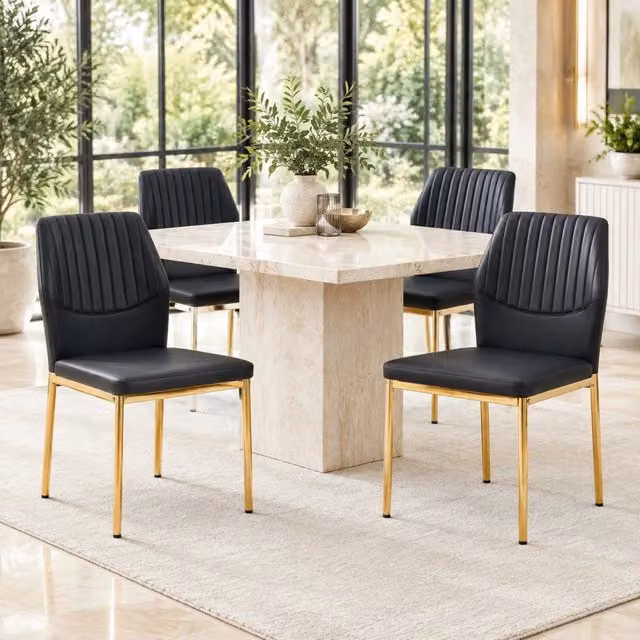Set di 4 sedie da pranzo MIVRAY in similpelle nera con schienale a righe e gambe in metallo dorato