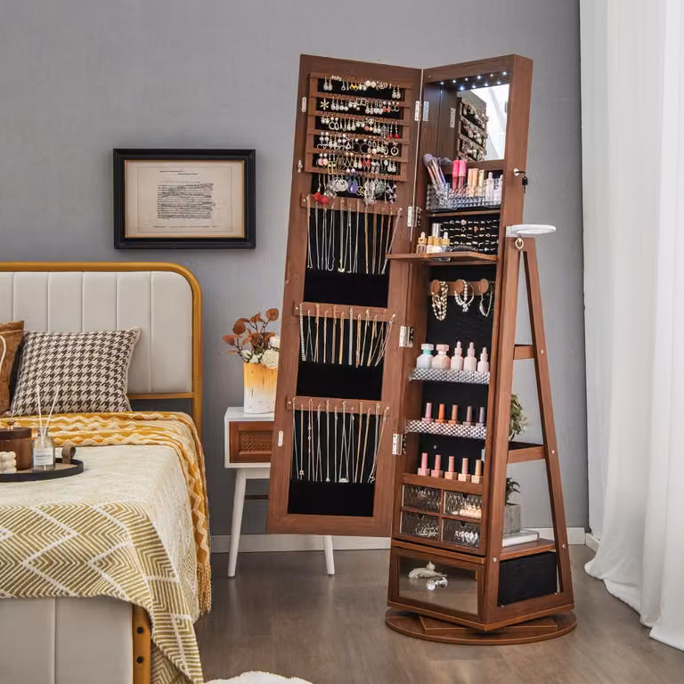 Armadietto portagioie girevole a 360° Costway con specchio lungo e luci LED, colore Noce