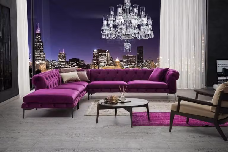 Lila Luxus Chesterfield Couch Eck Sofa Polster Sitz Garnitur Textil Stoff Sofas
