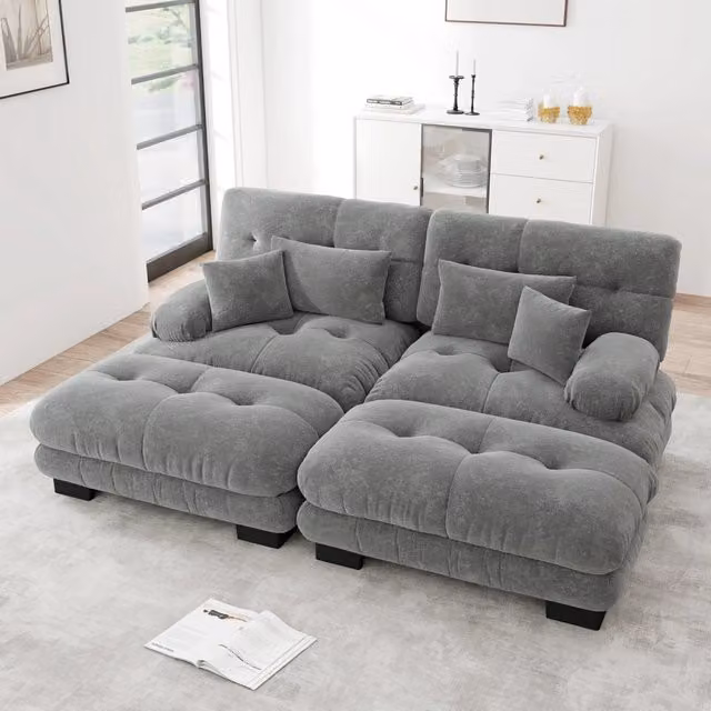 Divano modulare cloud con 2 pouf 2 cuscini lombari e 2 cuscini decorativi braccioli ampi in ciniglia grigio