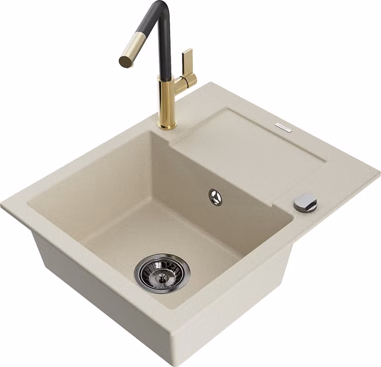 Mexen Enzo lavello in granito 1-vasca con sgocciolatoio e miscelatore da cucina Flora, beige - 6506-69-670401-57-B