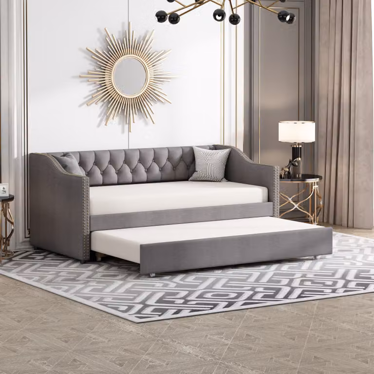 CDGlobal letto imbottito daybed 90x200cm divano letto con base estraibile e rete a doghe divano letto imbottito letto per bambini biancheria, grigio