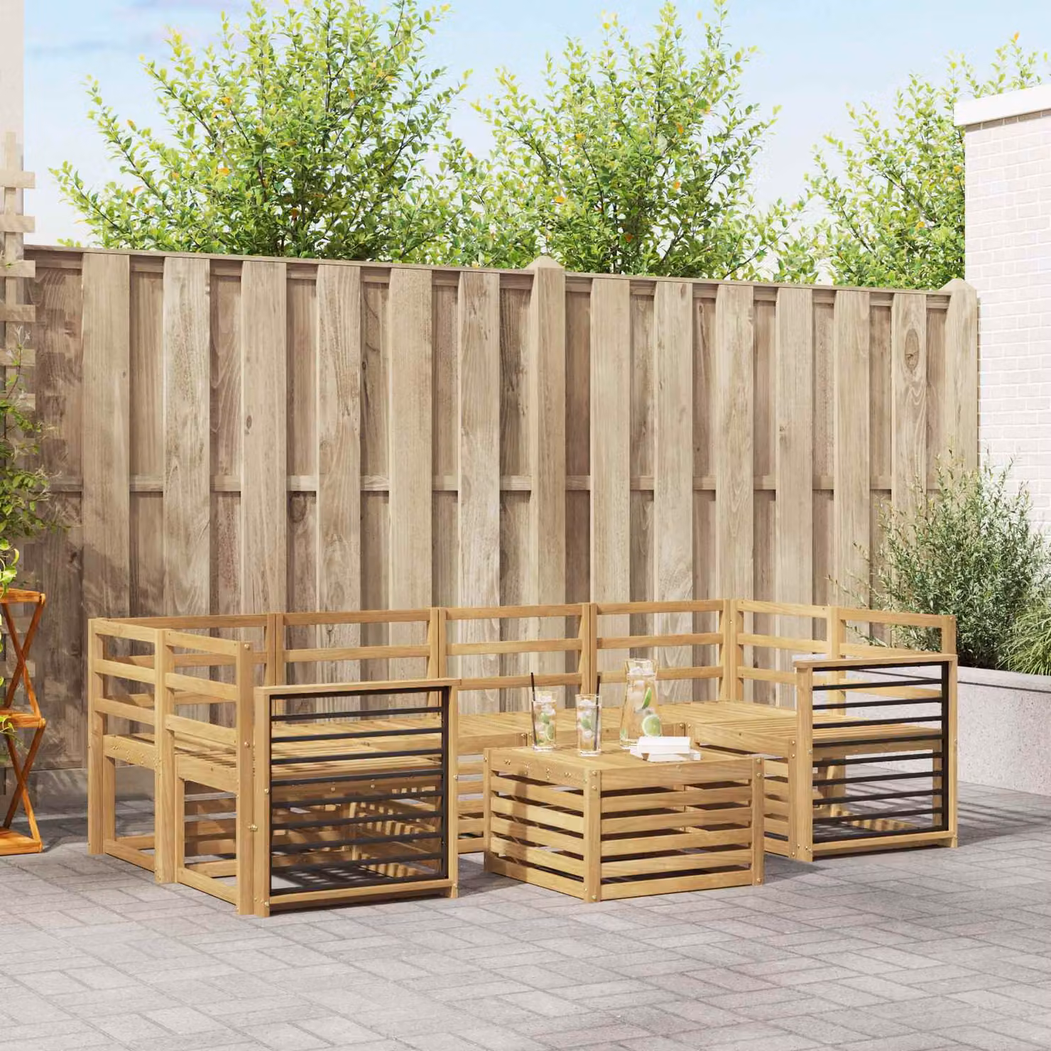 Set di divani da giardino a forma di L vidaXL in legno di acacia massello con cuscini, marrone e bianco
