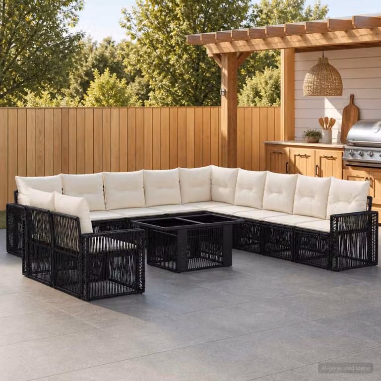 Set Divano da Giardino vidaXL 12 pezzi in Polyrattan Nero e Bianco Crema
