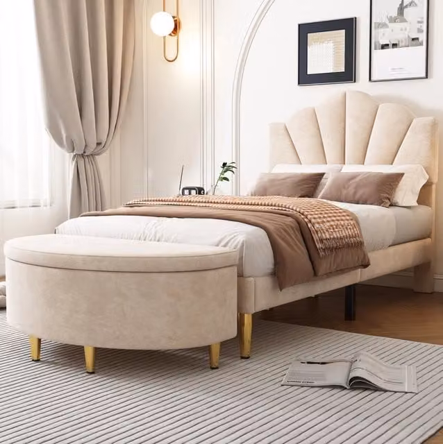 Panca contenitore imbottita 90x40x42 cm in velluto beige con vano portaoggetti