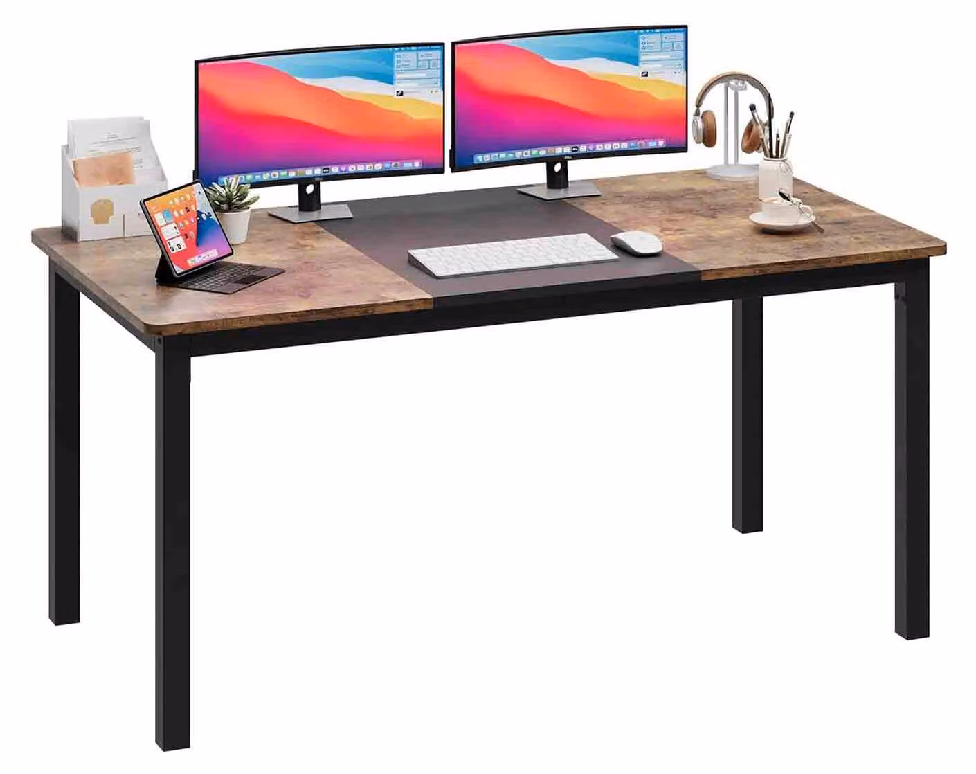 Scrivania da computer, grande, rettangolare, in legno - 160 cm di larghezza - struttura in metallo - colore nero e marrone - ideale per casa e ufficio
