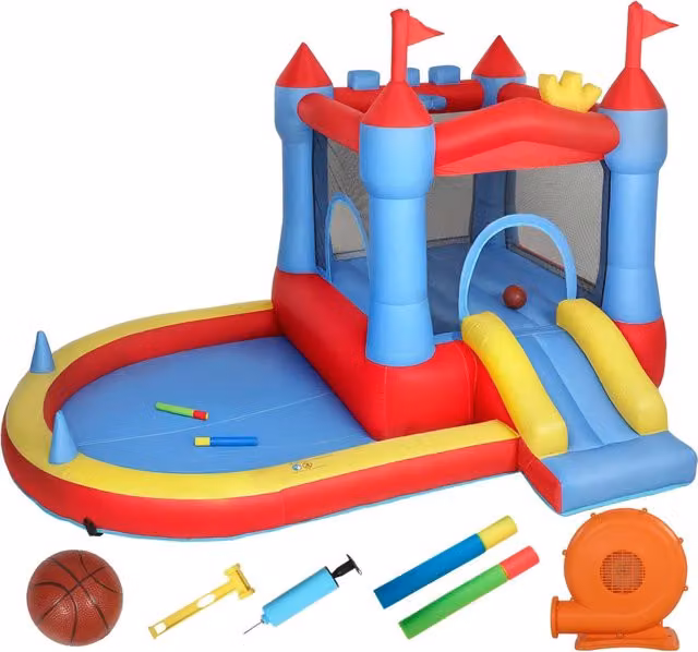 Castello gonfiabile area giochi per giardino 342 x 255 x 209 cm con scivolo e tappeto elastico design decorativo in poliestere blu 21_0000409
