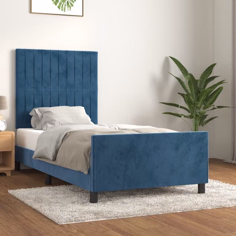 The Living Store Struttura letto con testiera in velluto blu scuro 100x200 cm