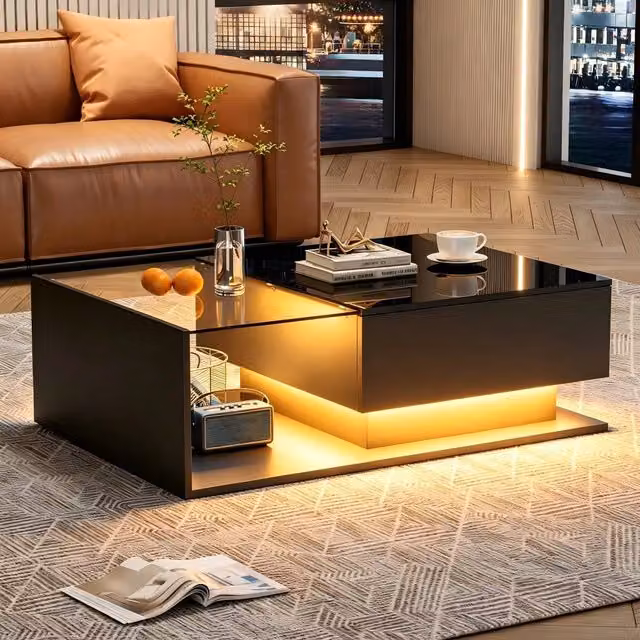 Tavolino da Salotto Nero Lucido 100x50x32 cm con Piano in Vetro, 1 Cassetto e Illuminazione LED, Resistente ai Graffi, Stile Moderno