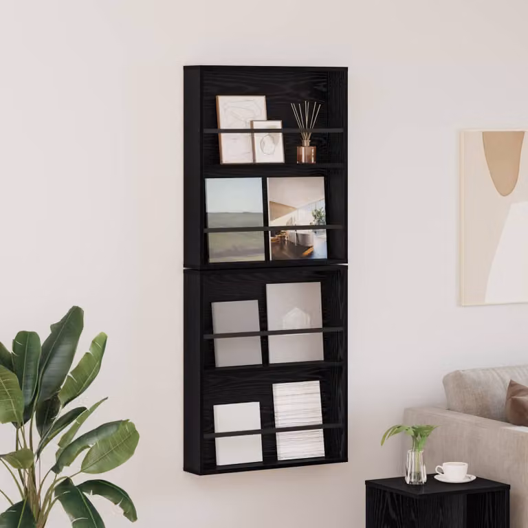 Set di 2 Scaffali per riviste vidaXL Moderni in Nero, con ripiani regolabili e montaggio a parete, L: 60 cm, P: 12 cm, H: 70 cm