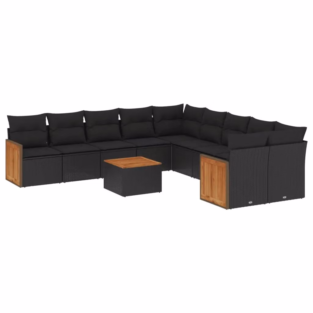 vidaXL Set Divani da Giardino 11 pz a Forma a L con Cuscini, Polyrattan e Legno di Acacia, Nero – 2
