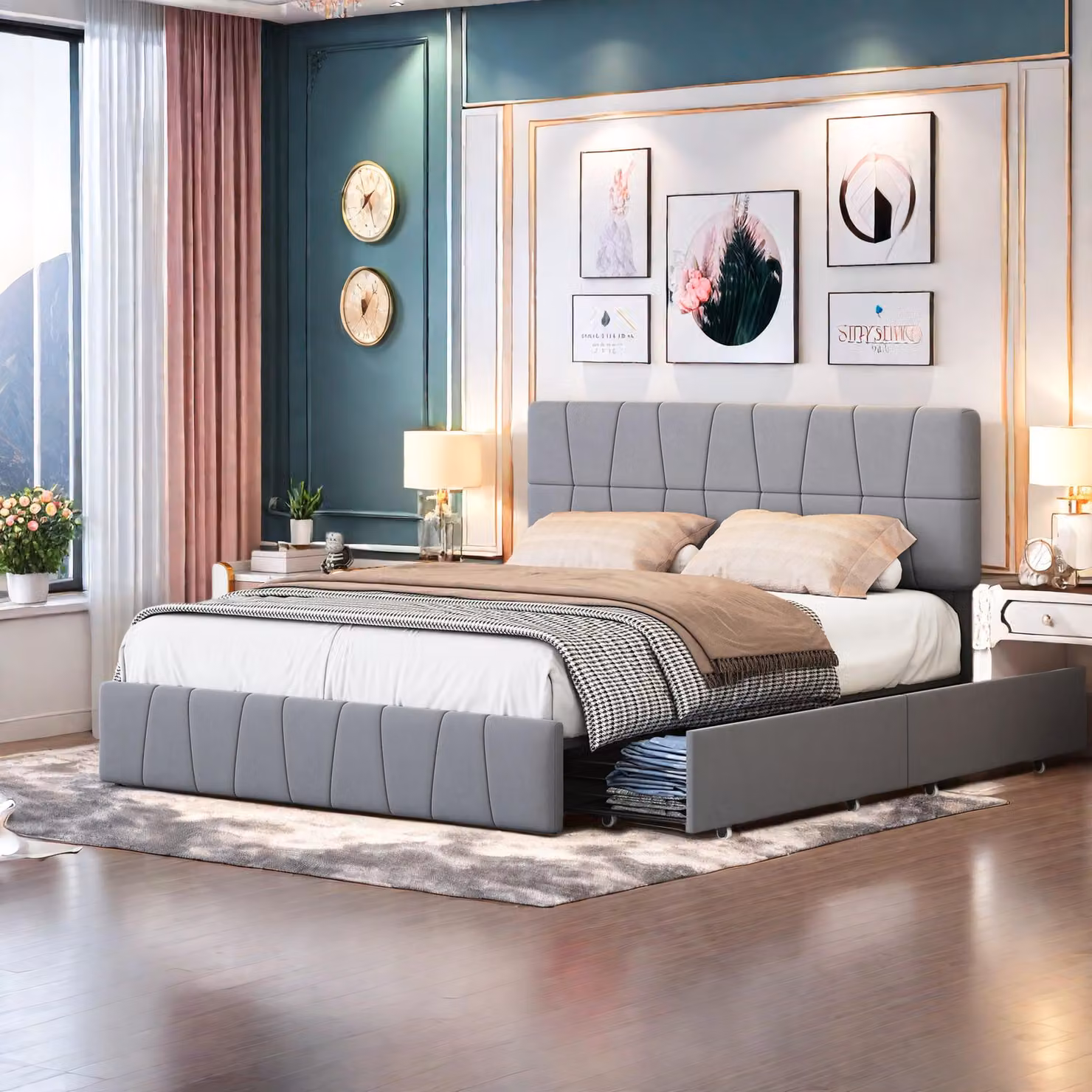 Letto imbottito Fortuna Lai 160x200 cm, letto matrimoniale con testiera, 4 cassetti, letto contenitore in velluto, grigio