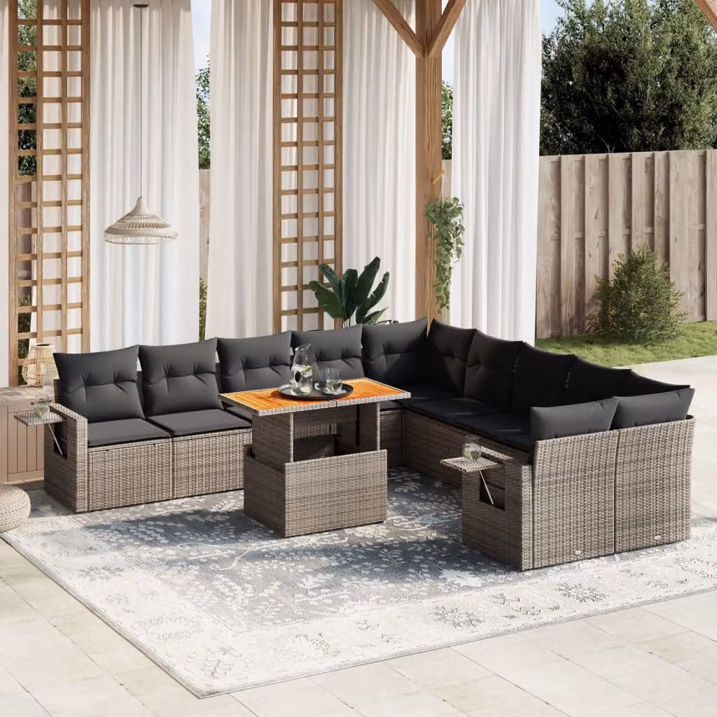 vidaXL Set Divani da Giardino 11 pz in Polyrattan Grigio con Cuscini e Tavolino da Esterno a Forma di L – 1