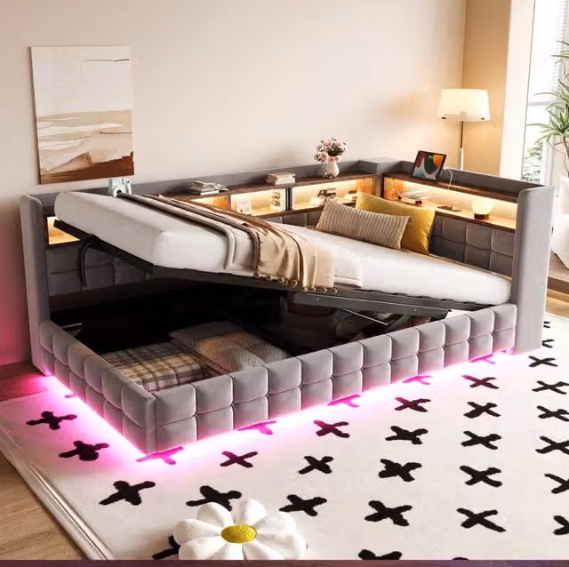 Divano letto imbottito 90 x 200 cm con contenitore idraulico; LED; USB e Type-C; ripiani e velluto grigio chiaro