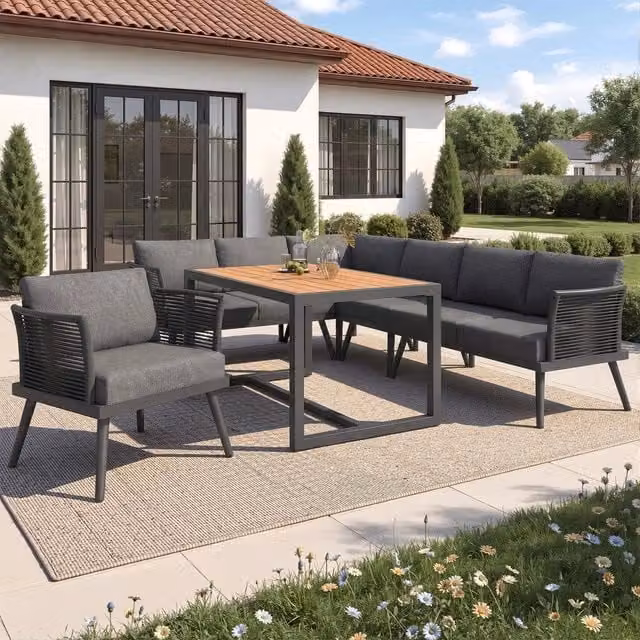 Set divano angolare da giardino Minimal per 7 persone in polyrattan grigio e beige con tavolino in legno e cuscini inclusi