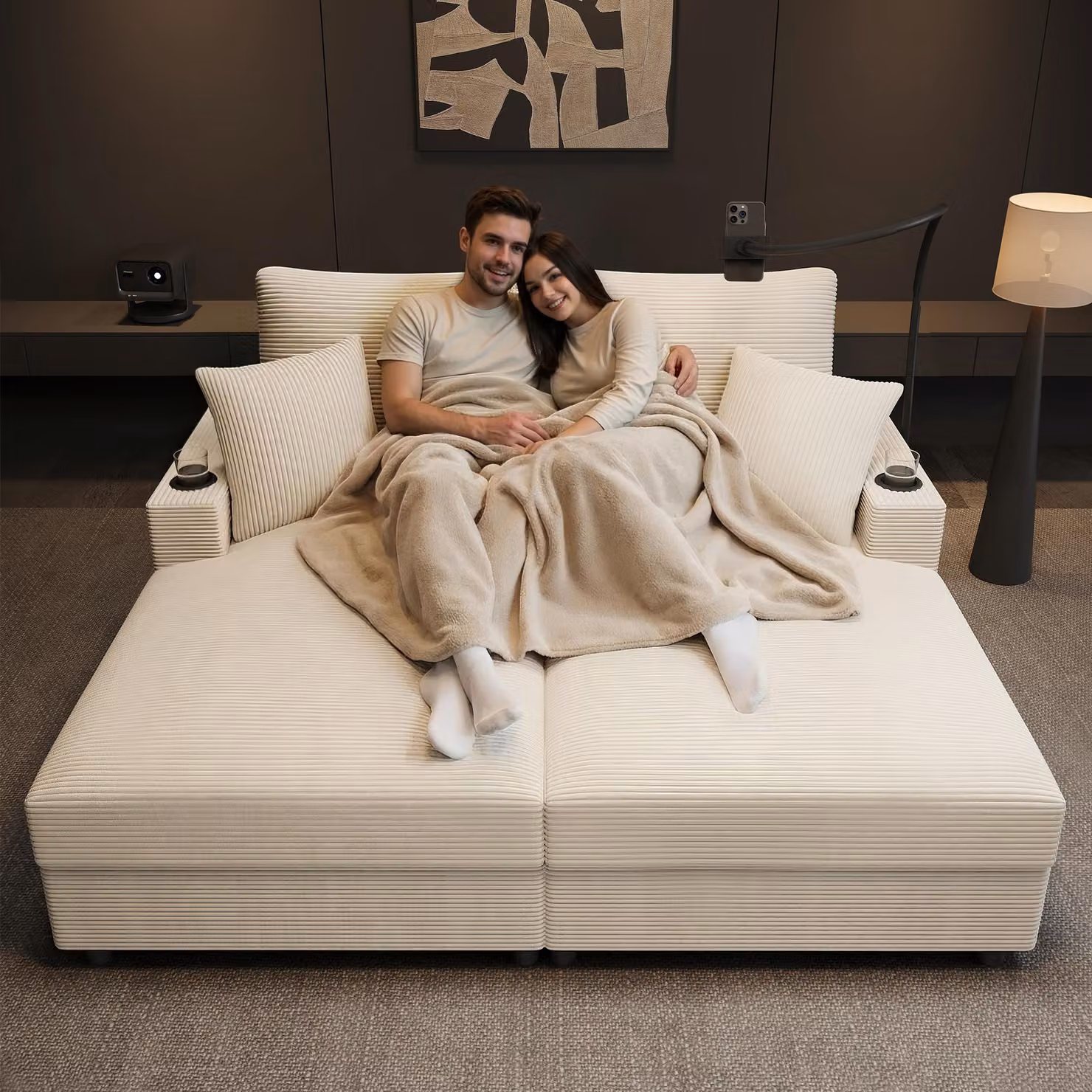 Divano letto a 2 posti Merax, divano letto matrimoniale imbottito con funzione letto, cuscini, connessione USB, portabicchieri, portacellulare, tessuto a coste, beige