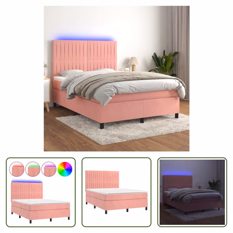 The Living Store Letto a molle con materasso e LED Rosa 140x200 cm Velluto