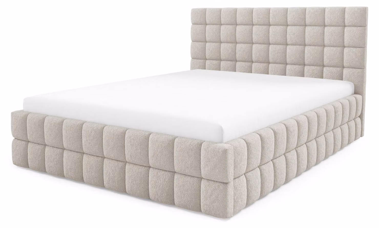Letto imbottito con contenitore integrato, modello Stratus, colore sabbia, dimensioni 140 x 200 cm