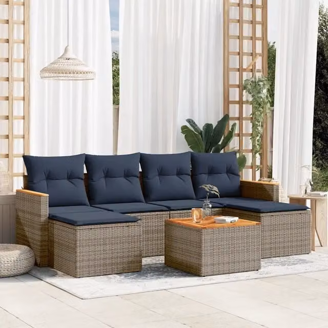 Set di divani da giardino vidaXL in polyrattan e legno di acacia con cuscini grigi e blu, 7 pezzi
