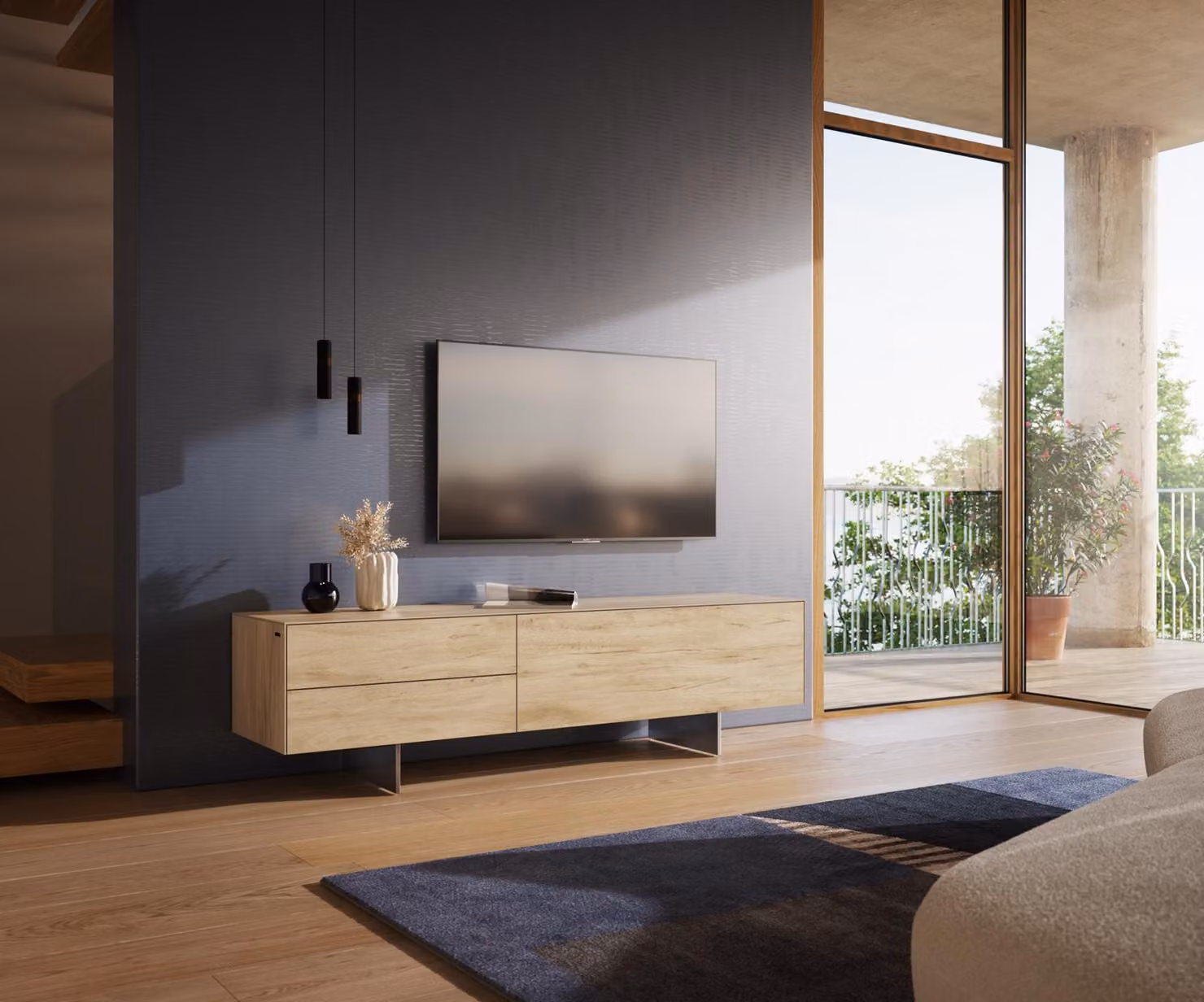DELIFE Mobile TV a basso profilo "Cuor", 180 cm, piano in laminato Keramik Laminam® color sabbia, finitura effetto legno di quercia, 1 sportello, 2 cassetti, base con effetto sospeso, acciaio inossidabile