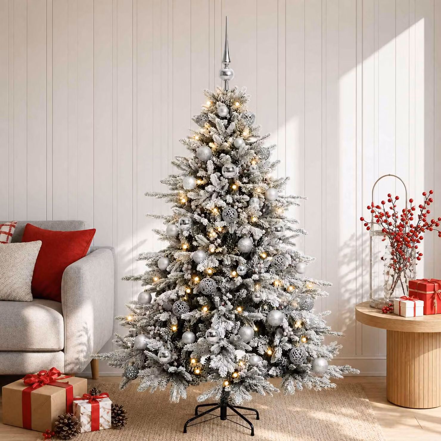 Albero di Natale artificiale moderno vidaXL verde con 150 LED bianco caldo e decorazioni bianche, Altezza: 120 cm