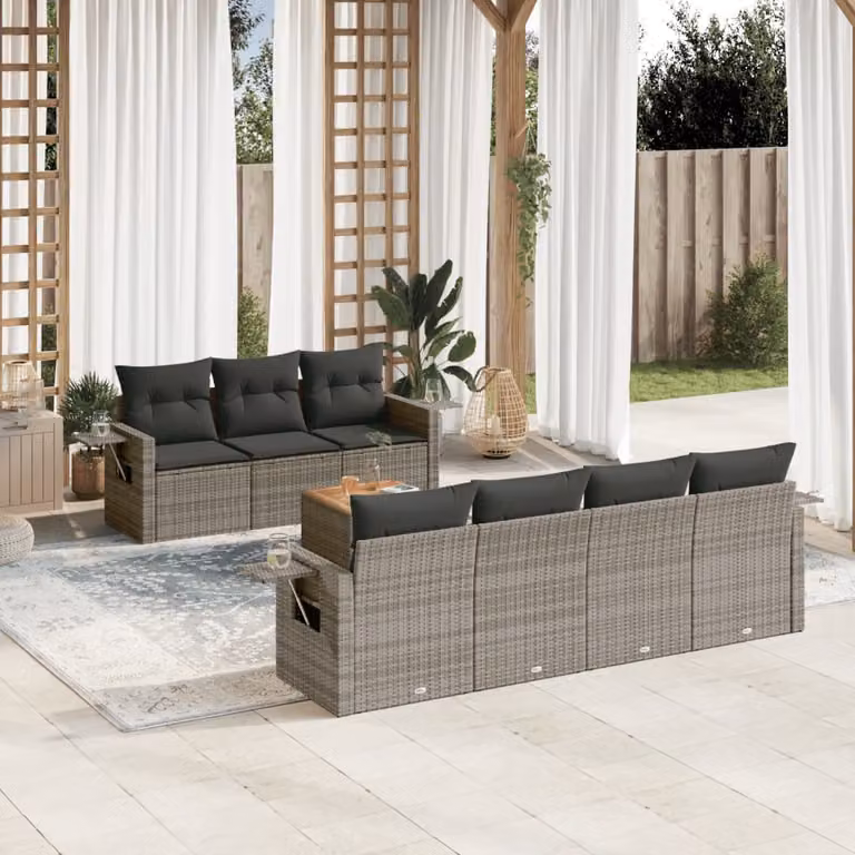 Set Divano da Giardino vidaXL 8 pz in Polyrattan Grigio con Cuscini e Tavolino