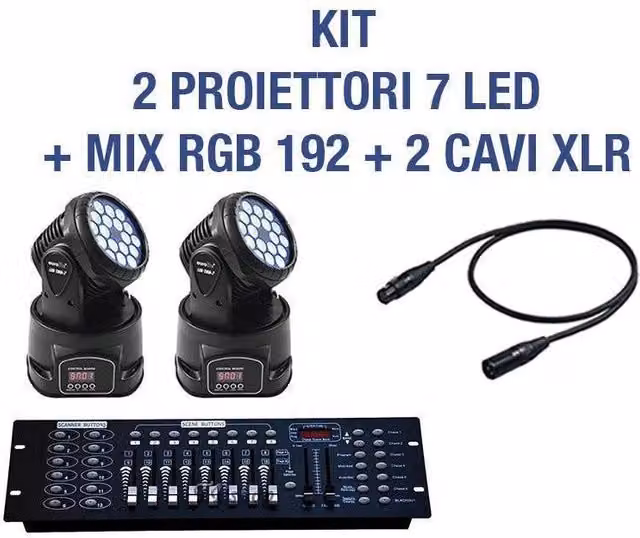 Trade Shop - Kit Proiettore Led Rgb Testa Mobile Rotante 7 Led Dmx + Mixer Dmx Rgb 192 - -2 Pezzi -