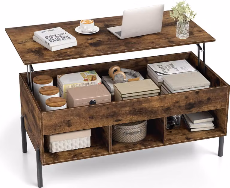 COSTWAY Tavolino regolabile in altezza, tavolino con piano e 3 scomparti, tavolino da salotto in legno con scomparto nascosto, tavolino da caffè, marrone