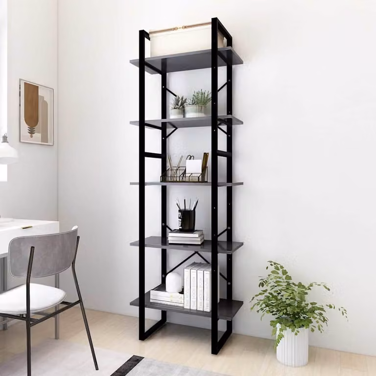 Libreria a 5 Ripiani vidaXL in Stile Industrial Grigia con Legno e Metallo L: 60 cm, P: 30 cm, H: 175 cm