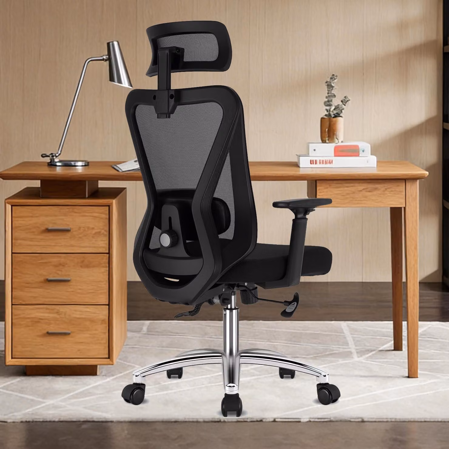 Sedia da ufficio ergonomica, colore nero, con braccioli regolabili e girevole