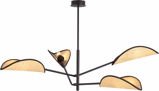 Lampadario 4 Luci Po In Acciao Nero E Rattan Con Bracci Mobili