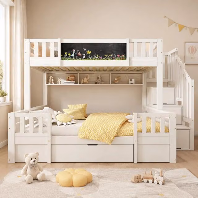 Letto a castello 90x200 e 140x200 cm in legno massello e MDF bianco con cassetti