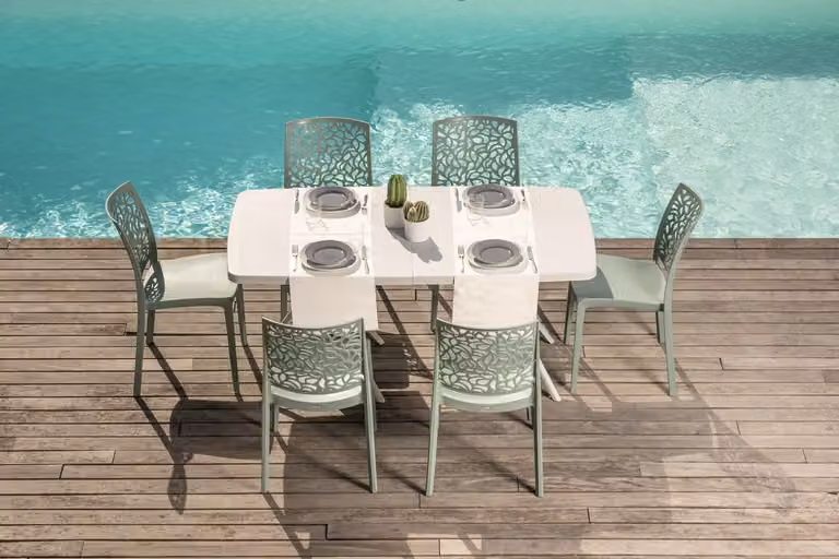Set da pranzo da esterno con tavolo rettangolare 158x84 cm e 6 sedie impilabili in resina rinforzata con fibra di vetro – design moderno e colorato, ideale per giardino, terrazza e veranda – OLIVER+ANNA – Verde salvia/Grigio chiaro