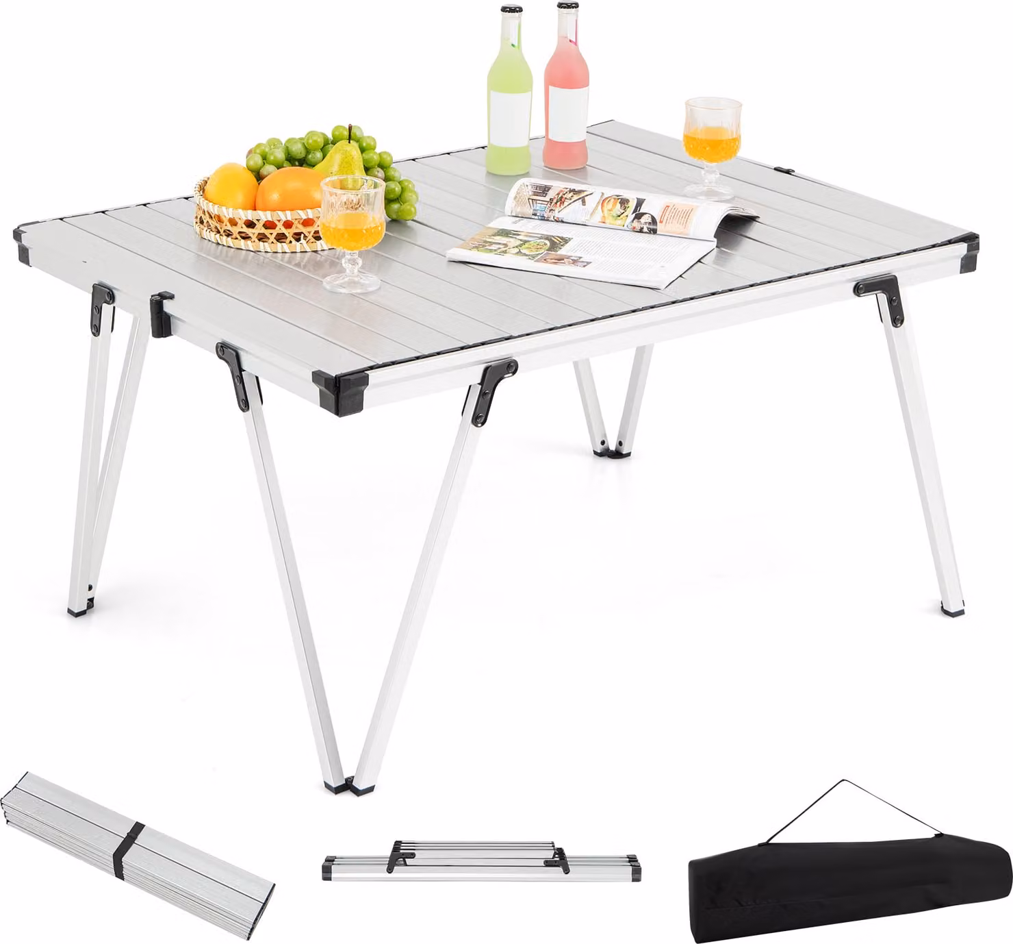 KOMFOTTEU Tavolo da giardino pieghevole e portatile con borsa per il trasporto, tavolo da campeggio con piano in alluminio, tavolo da esterno per picnic, feste, barbecue, spiaggia, balcone (argento)