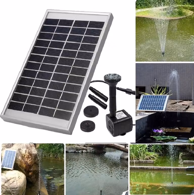 Pompa per acqua per fontane solari, portata 500L/h, altezza spruzzo 60cm, alimentazione solare
