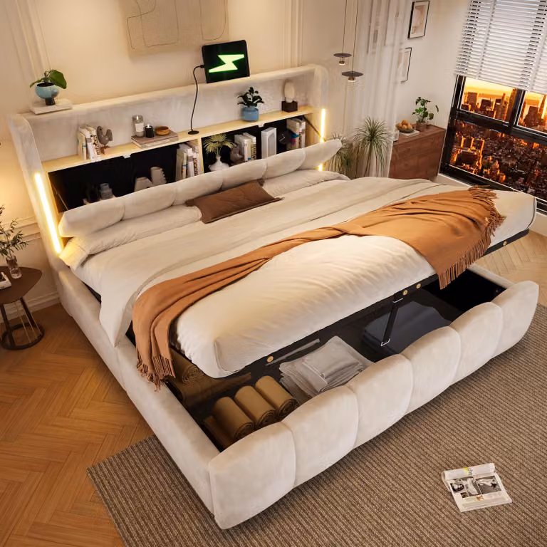 Letto imbottito idraulico Flieks, 180x200 cm, con spazio contenitore, letto a castello per adolescenti, con rivestimento in ecopelle e funzione di ricarica, letto contenitore in velluto, color beige