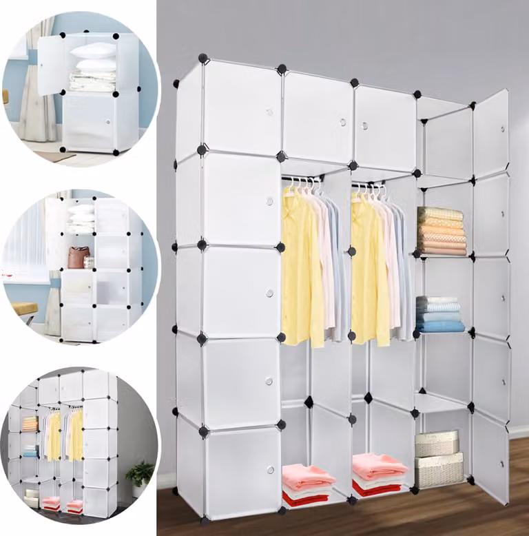 Jopassy armadio fai da te sistema di scaffalatura 20 scatole con porta&2 appendiabiti Plug-in sistema di scaffalatura Bianco Armadi H.180cm non impresso