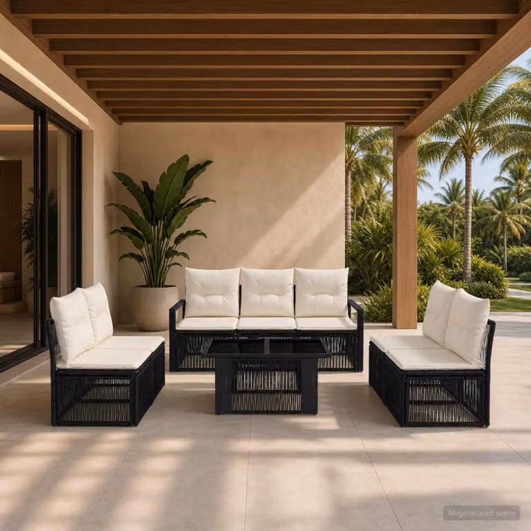Set Divano da Giardino vidaXL 8 pz in Polyrattan Nero e Bianco con Cuscini e Tavolino a Forma di U