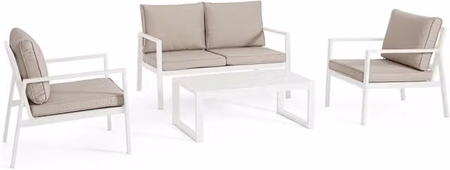 Set 4 Pezzi Salotto da Giardino con Divano 2 Poltrone e Tavolino in Alluminio e Spun Poly Hilde Bianco