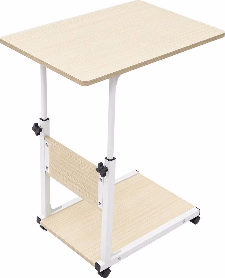 Tavolino con ruote - Scrivania/tavolino mobile - Regolabile in altezza - Struttura in metallo - Tavolino per laptop da divano/letto - Carrello da salotto - Acero bianco