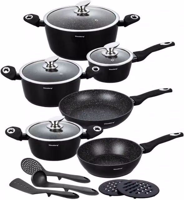 Set di pentole antiaderenti in granito Klausberg KB-7322, 15 pezzi, colore nero in alluminio e silicone