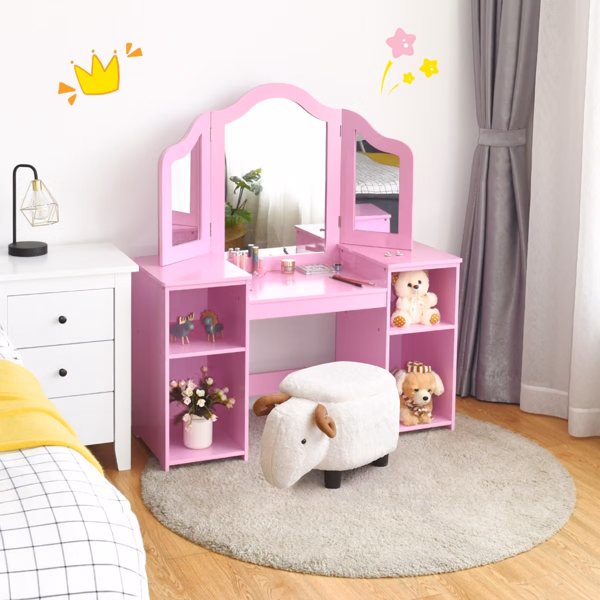 Toeletta 2 in 1 per bambini Costway con specchio e 4 mensole, design principessa, Rosa