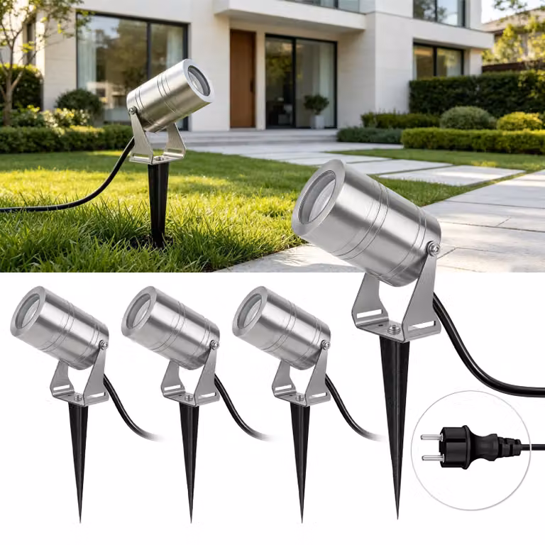 Set di 4 luci da giardino a LED, acciaio inossidabile, attacco GU10, 5W, grado di protezione IP65