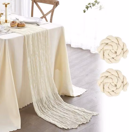 Tovaglia Boho Rustik 90x300 cm color crema in cotone ecologico