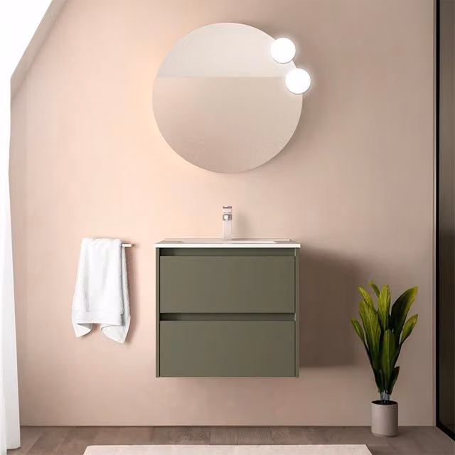 Mobile bagno sospeso Gaya Inbagno verde satinato con lavabo ad incasso e ante con cassetti soft close – 1
