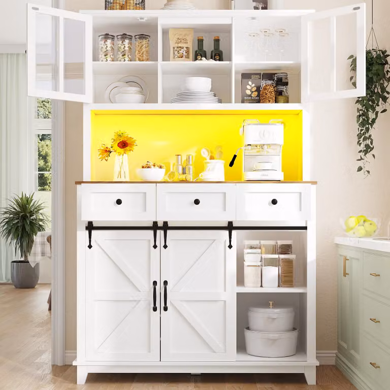 mobile da cucina okwish unità alta con ripiani regolabili, cucina buffet / mobile vetrina con illuminazione LED variabile, bianco