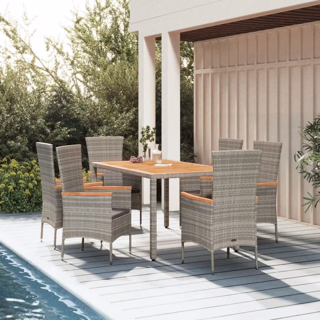 The Living Store Set da pranzo da giardino 7 pezzi con cuscini in poly rattan grigio