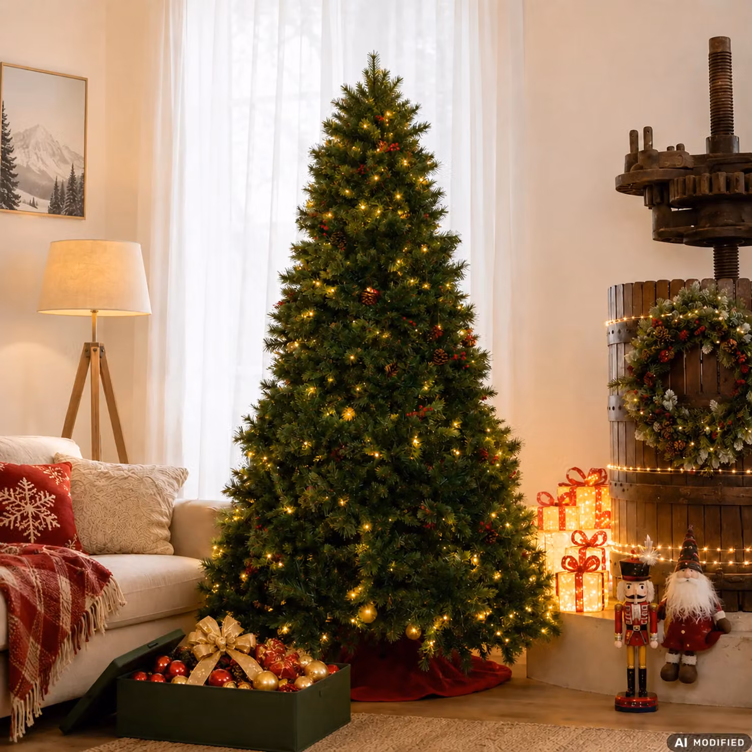 Albero di Natale Luminoso Sirino DICTROLUX Verde con 350 LED Bianco Caldo, Pigne e Bacche, H 180 cm, Diametro alla base: 102 cm – 2