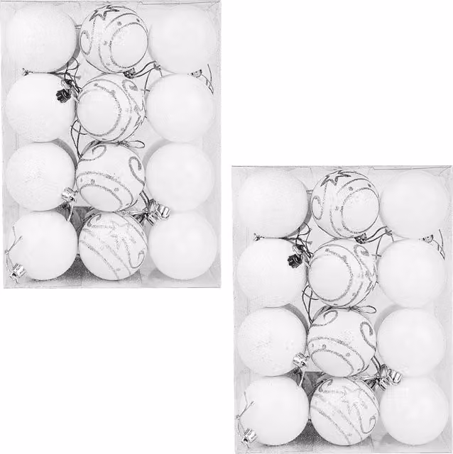 Set di 48 palline di Natale Casaria bianche con decorazioni geometriche e astratte in plastica
